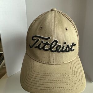 Titleist Golf Pro V1 FJ Foot Joy Fitted Mesh Hat S/M Tan & Black Embroidered Cap